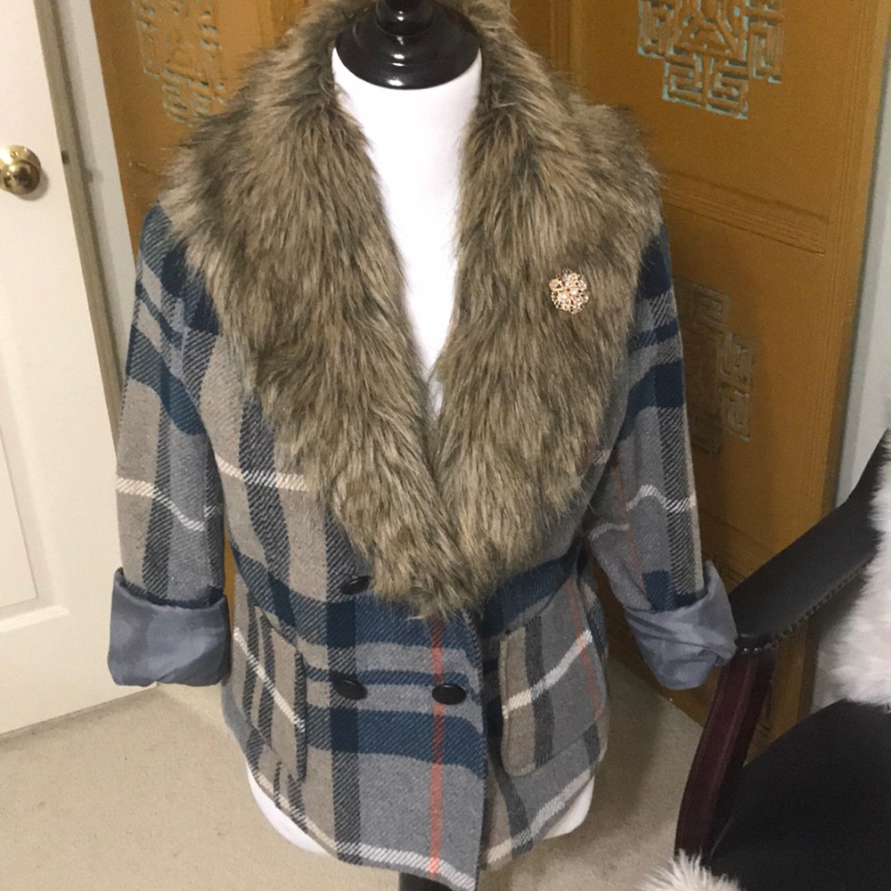 Plaid faux fur double breasted coat